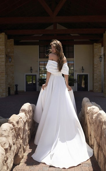 Sexy A-Line V-neck Sexy Bat Sleeve Floor Length Satin Wedding Dress with Ruching and Split Front