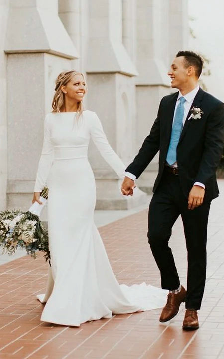 Modest Long Sleeve White Wedding Dress | Simple Formal Temple Lds Bridal Gown