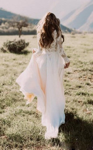 Boho Western Floor-Length Lace  Wedding Dress