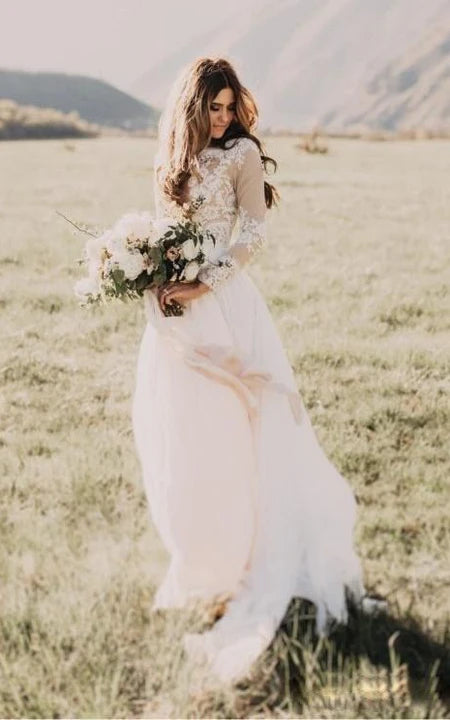 Boho Western Floor-Length Lace  Wedding Dress