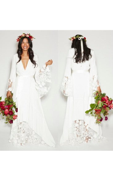 Simple Boho Plus Size Bohemian Bell Long Sleeve White Wedding Dress