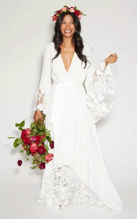 Simple Boho Plus Size Bohemian Bell Long Sleeve White Wedding Dress