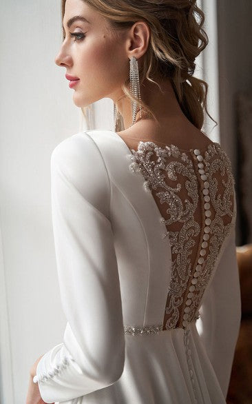 Modest Bateau-neck Satin Long Sleeve  A-line Tea-length Simple Wedding Dress with Crystal Detailings