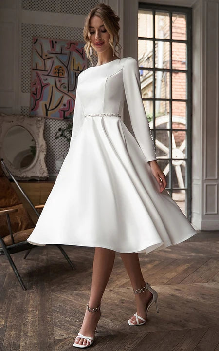Modest Bateau-neck Satin Long Sleeve  A-line Tea-length Simple Wedding Dress with Crystal Detailings