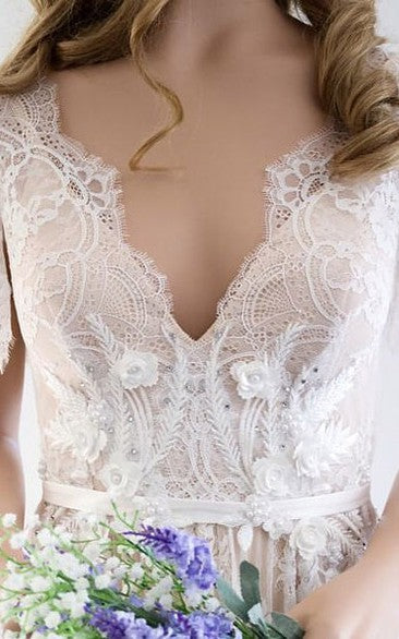 Charming V-neck Short-sleeve Pleated Lace Wedding Dress