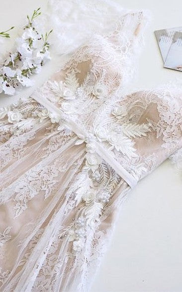 Charming V-neck Short-sleeve Pleated Lace Wedding Dress