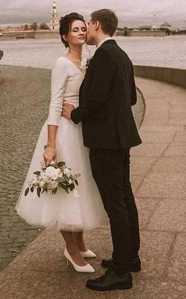 Delicate A Line Plunging Neckline Tea-length Satin Wedding Dress