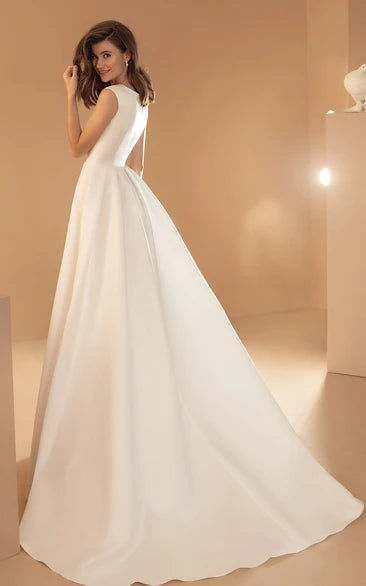 Simple Satin V-neck Ball Gown Sleeveless Wedding Dress with Pockets and Zipper