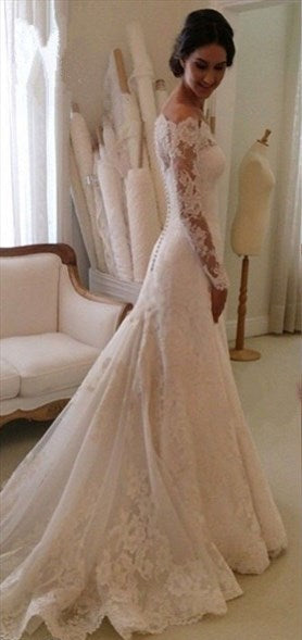 White Lace Off The Shoulder Sheer Long Sleeve Wedding Dress With Train