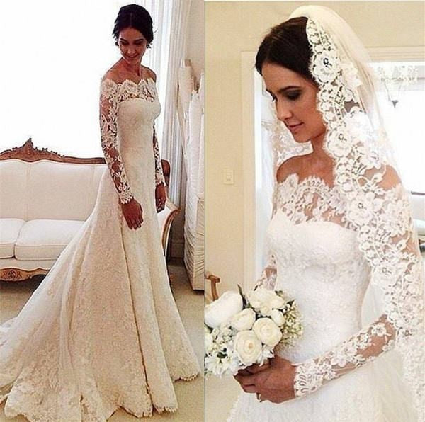 White Lace Off The Shoulder Sheer Long Sleeve Wedding Dress With Train
