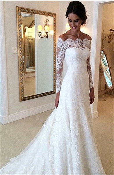White Lace Off The Shoulder Sheer Long Sleeve Wedding Dress With Train