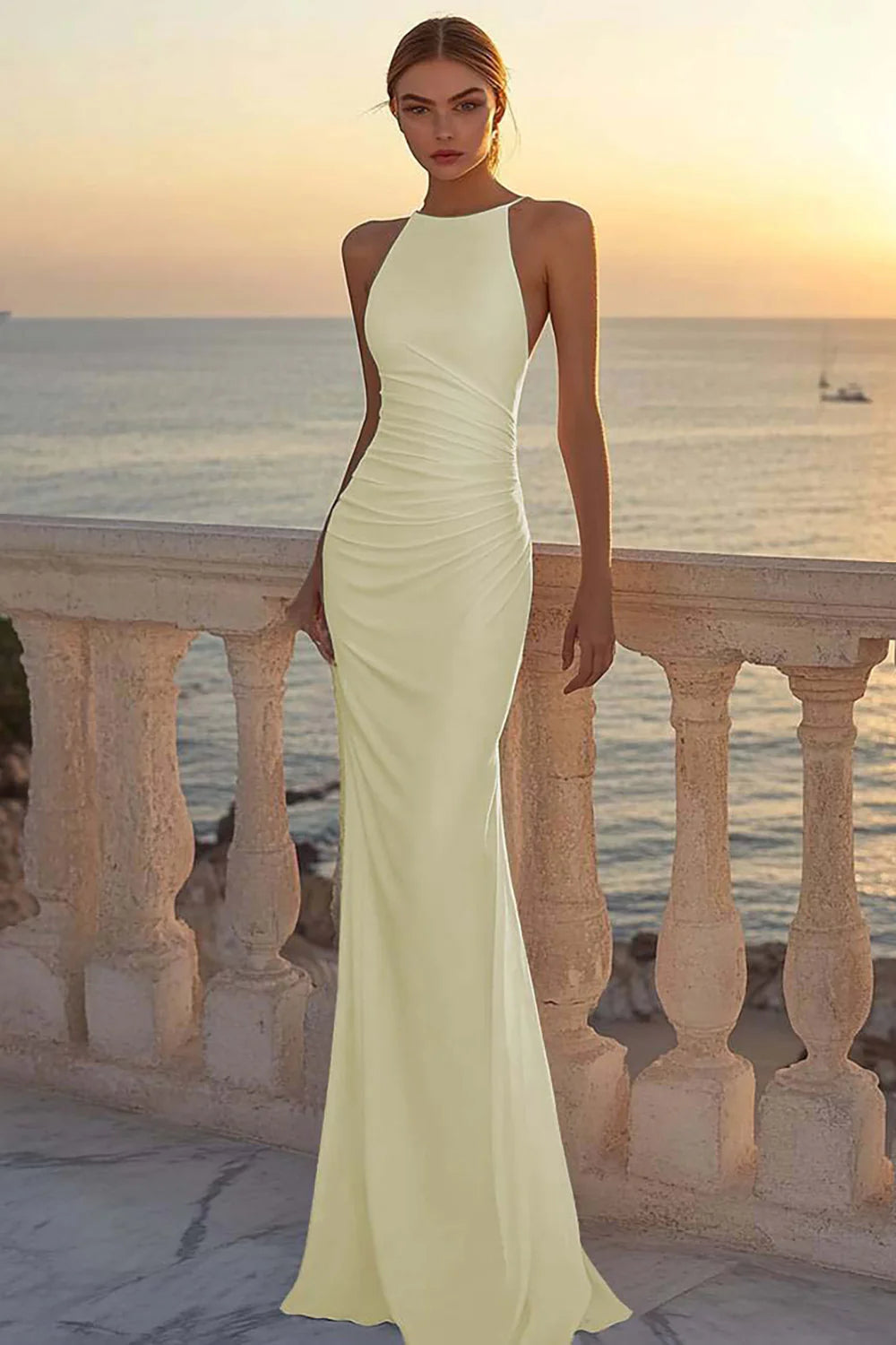 White Satin Mermaid Round Neck Ruched Boho Wedding Dress
