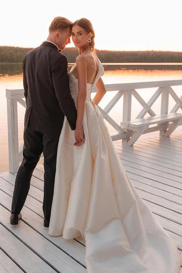 Vintage Satin One Shoulder Ball Gown Wedding Dresses With Train