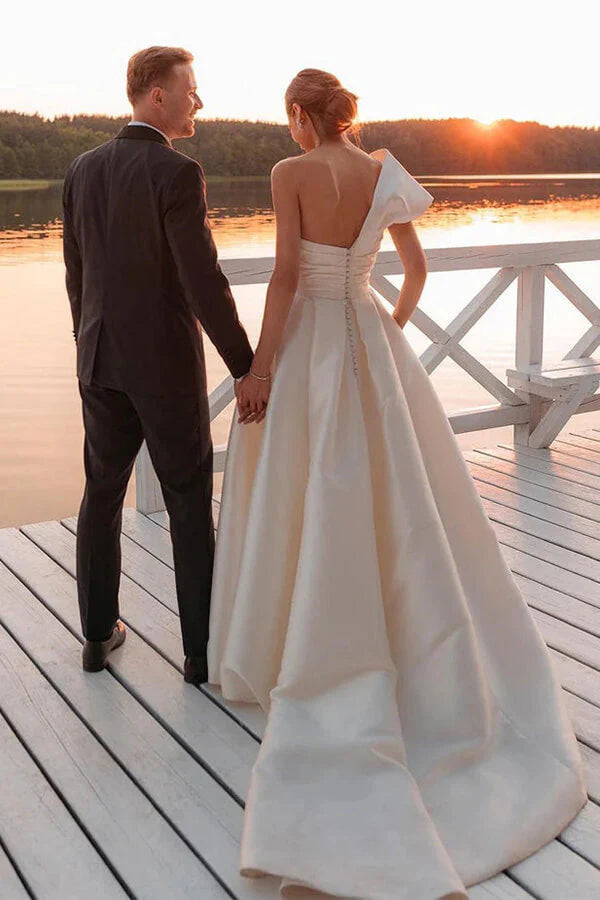 Vintage Satin One Shoulder Ball Gown Wedding Dresses With Train