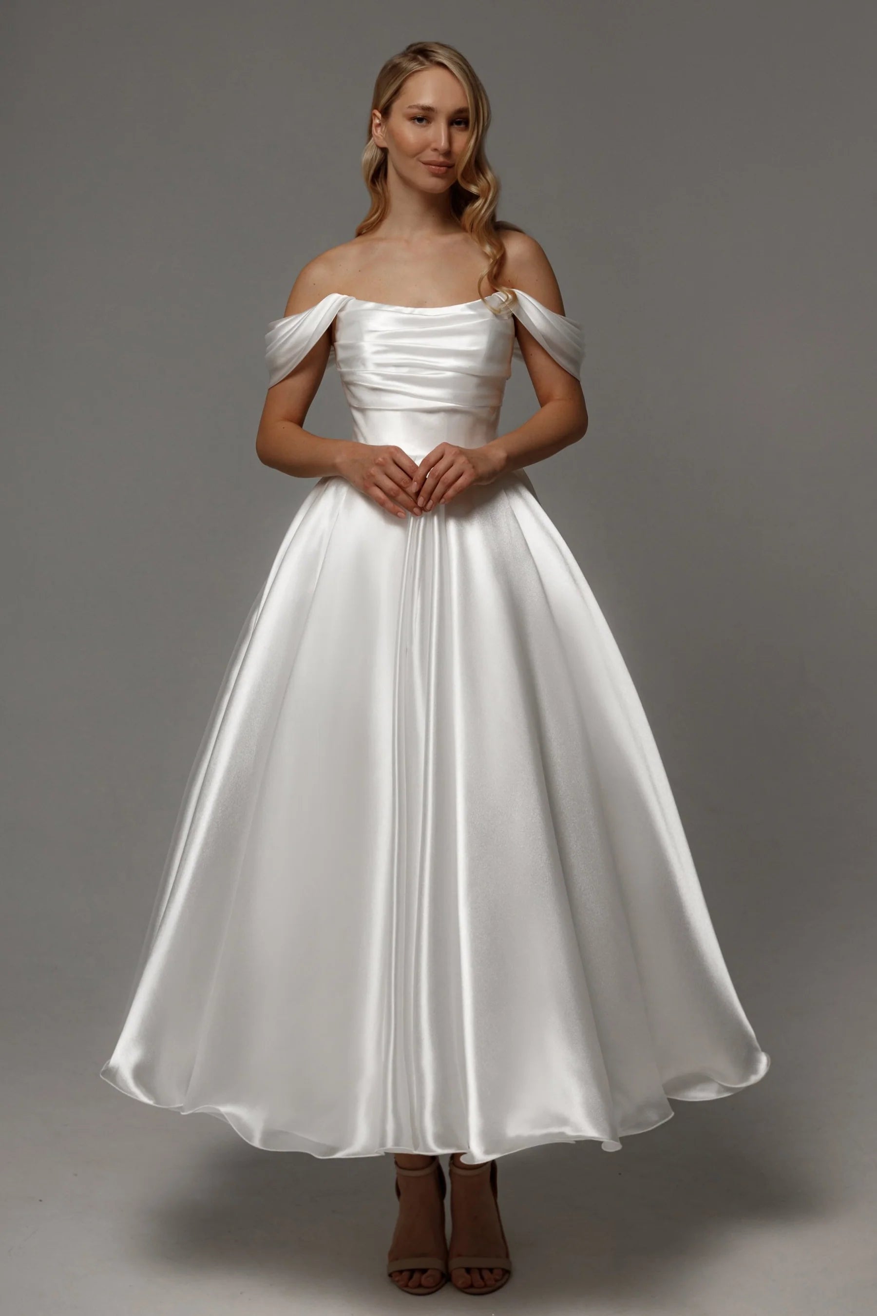 Chic Off the Shoulder Ruched Tea Length Ankle-Length Wedding Dress