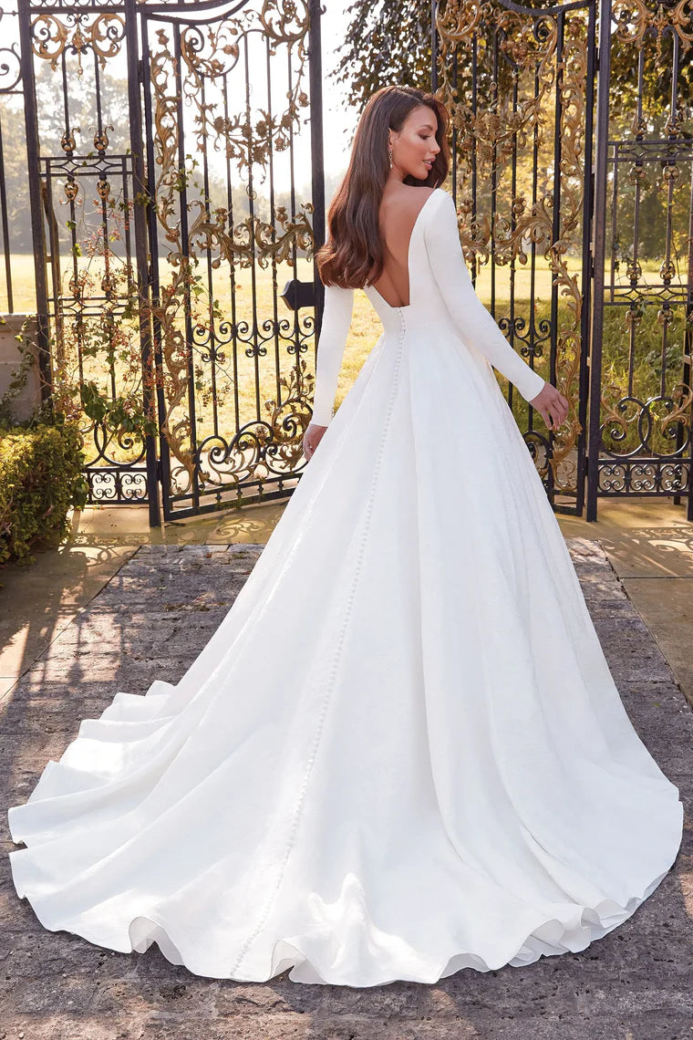 Classic satin Backless Long Sleeve Chapel Train  wedding dress