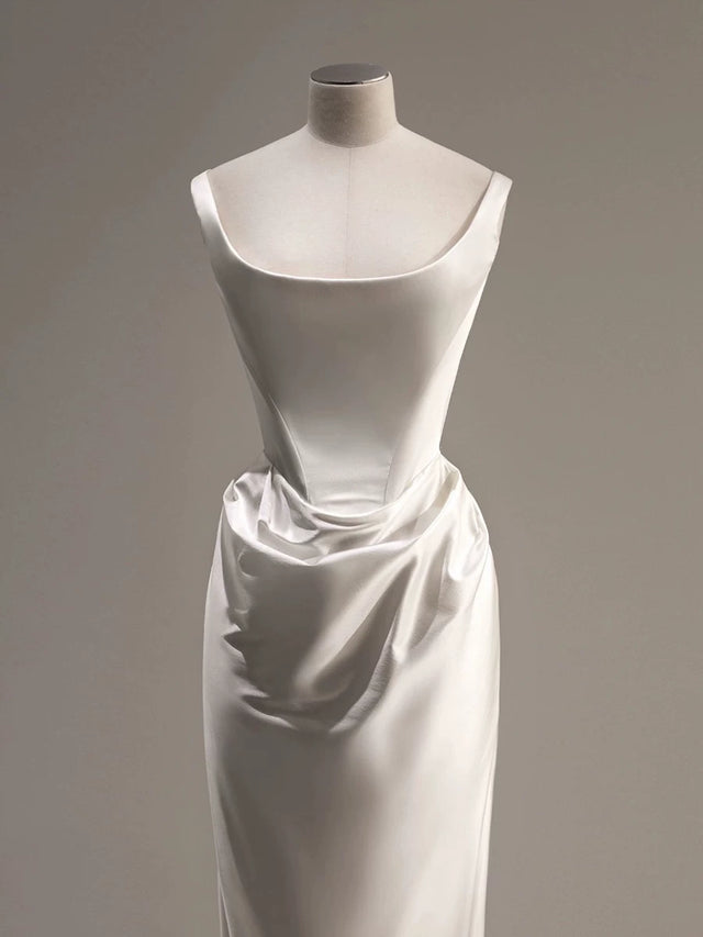 Simple A-line White Satin Straps Wedding Dress