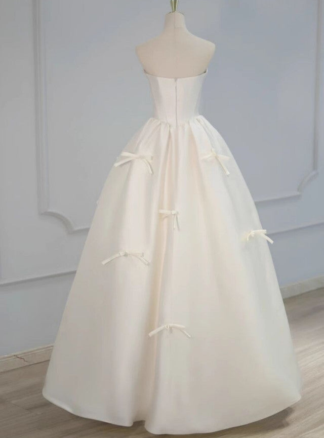 Romantic White Satin Strapless Bow Wedding Dress