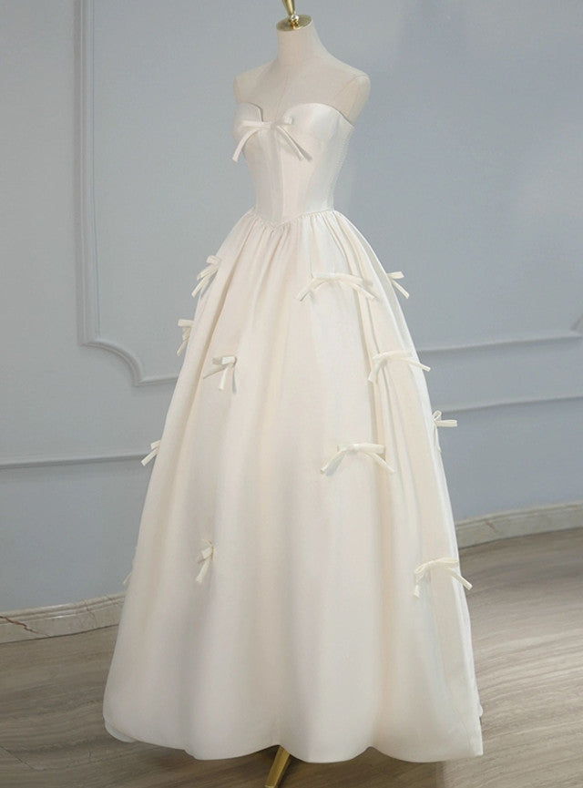 Romantic White Satin Strapless Bow Wedding Dress