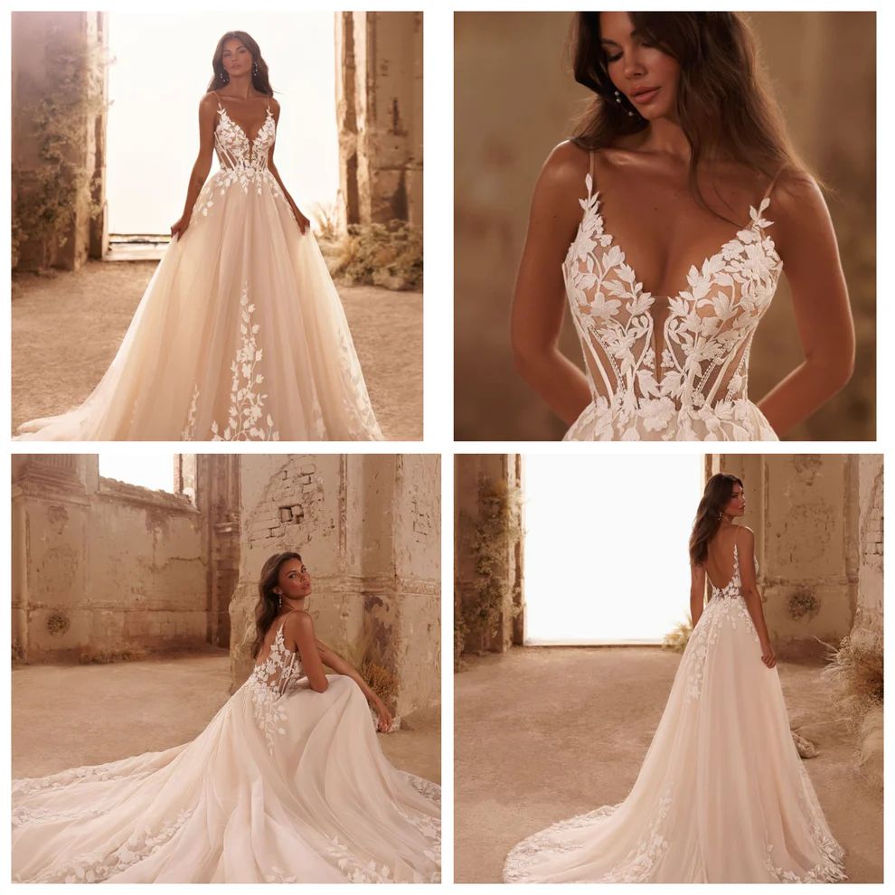 Romantic Spaghetti Straps Glitter Wedding Dresses V-Neck Shiny Tulle With Applique Backless Bohemia Lace Bridal Gowns