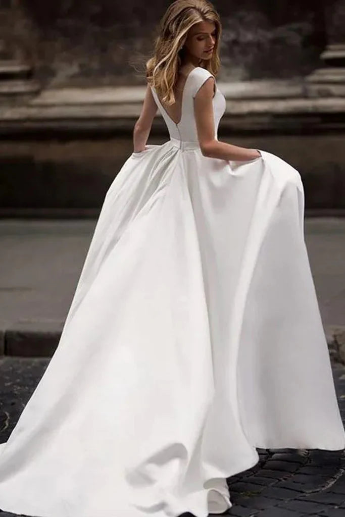 Princess White Satin Vintage Wedding Dress with Pockets