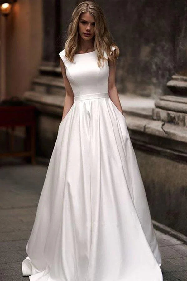 Princess White Satin Vintage Wedding Dress with Pockets