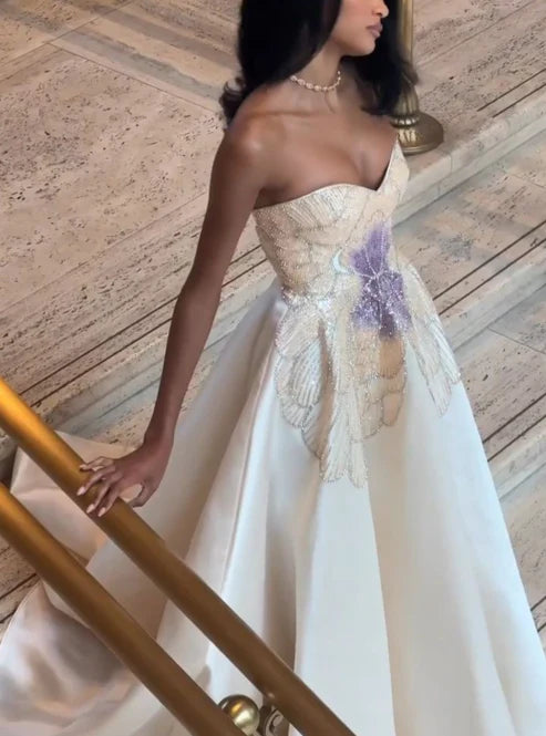 Charming Strapless White Satin Sequin Beaded Formal Bridal Dress Long Wedding Dress