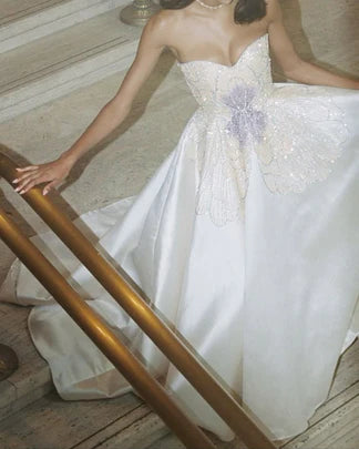 Charming Strapless White Satin Sequin Beaded Formal Bridal Dress Long Wedding Dress