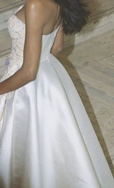 Charming Strapless White Satin Sequin Beaded Formal Bridal Dress Long Wedding Dress