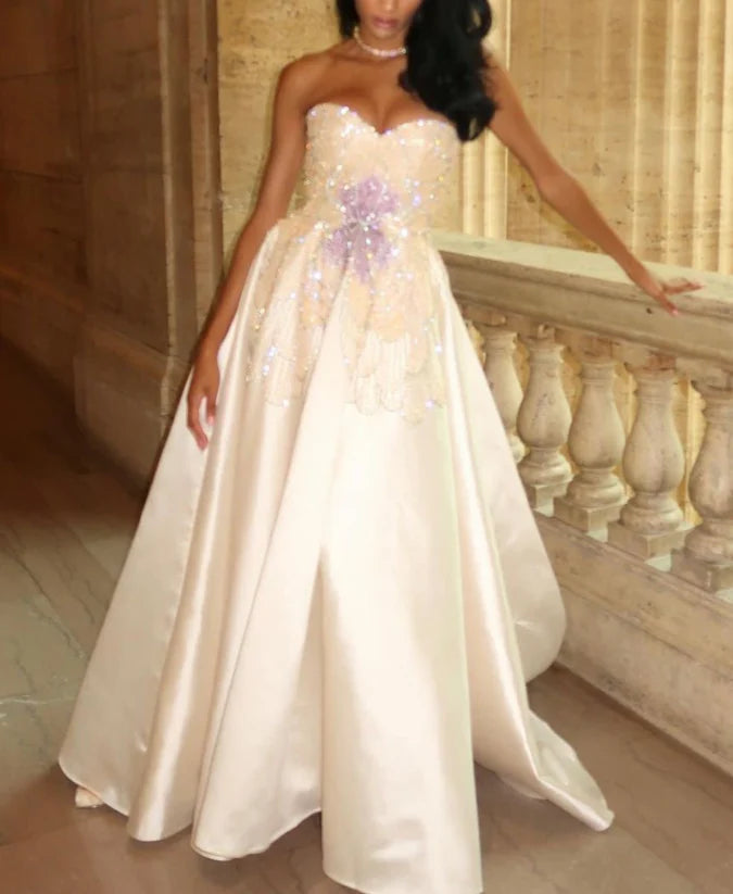 Charming Strapless White Satin Sequin Beaded Formal Bridal Dress Long Wedding Dress