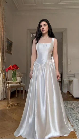 Pretty White Square Neck Satin Long Wedding Dress Bridal Dress