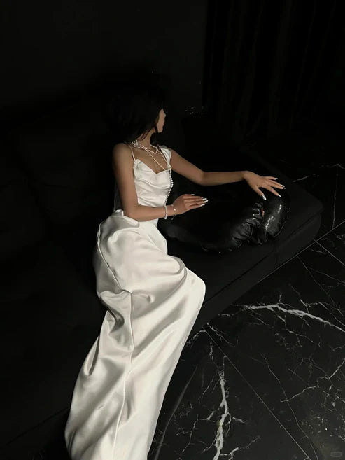 Classy Spaghetti Straps White Satin Long Wedding Dress