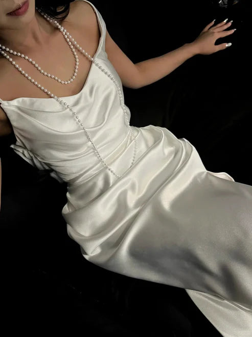 Classy Spaghetti Straps White Satin Long Wedding Dress
