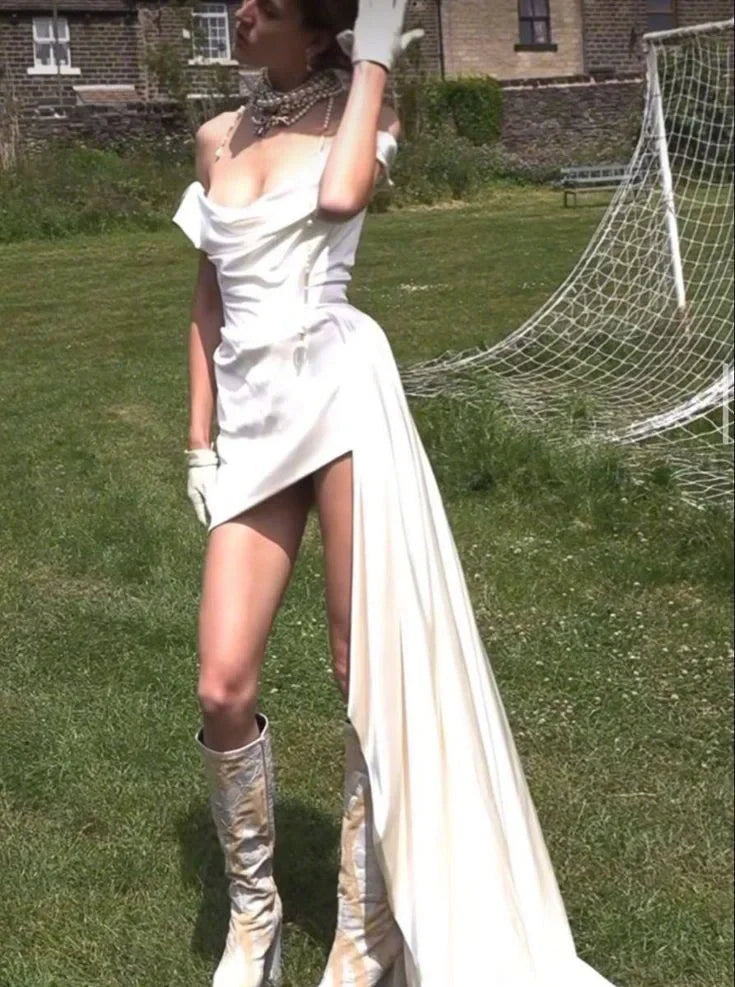 Classy White Satin Sheath Birthday Dress Off The Shoulder Short Wedding Dress