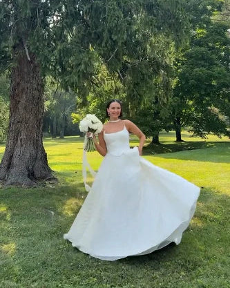 Simple Ball Gown Spaghetti Straps White Satin Long Wedding Dresses Bridal Dress