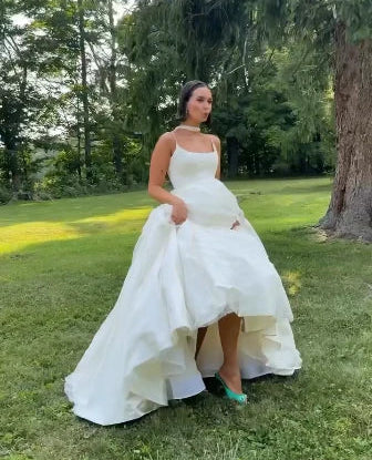 Simple Ball Gown Spaghetti Straps White Satin Long Wedding Dresses Bridal Dress