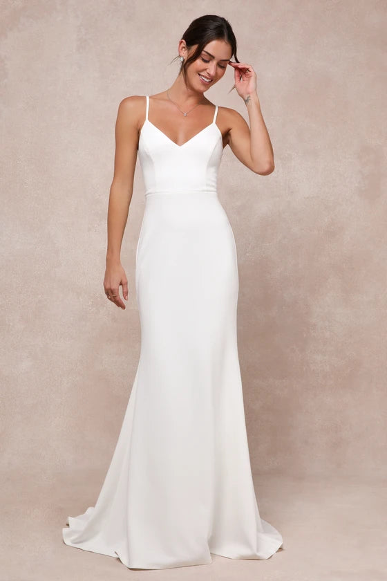 Minimalist White Spaghetti Strap Mermaid Wedding Gown