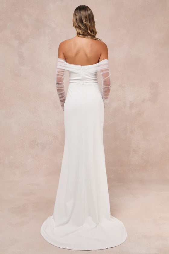 Ethereal Off-Shoulder Sheer Sleeve Mermaid Wedding Gown