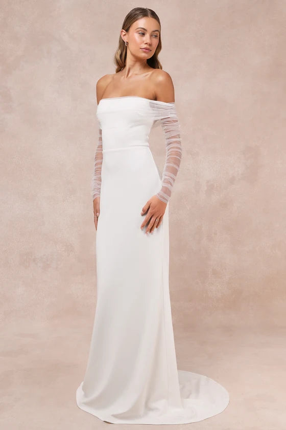 Ethereal Off-Shoulder Sheer Sleeve Mermaid Wedding Gown