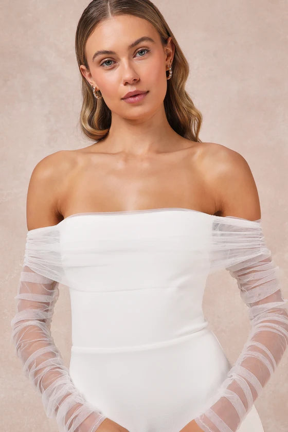 Ethereal Off-Shoulder Sheer Sleeve Mermaid Wedding Gown