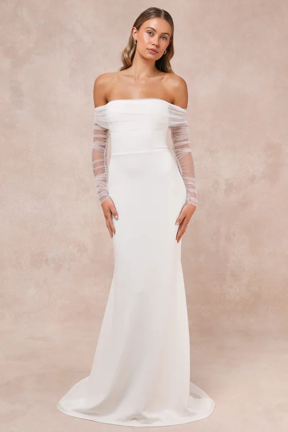 Ethereal Off-Shoulder Sheer Sleeve Mermaid Wedding Gown