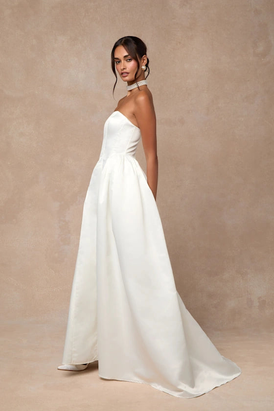 Timeless Strapless Satin A-Line Wedding Gown with Pockets