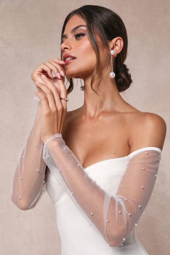 Ethereal Off-Shoulder Sheer Sleeve Mermaid Wedding Gown