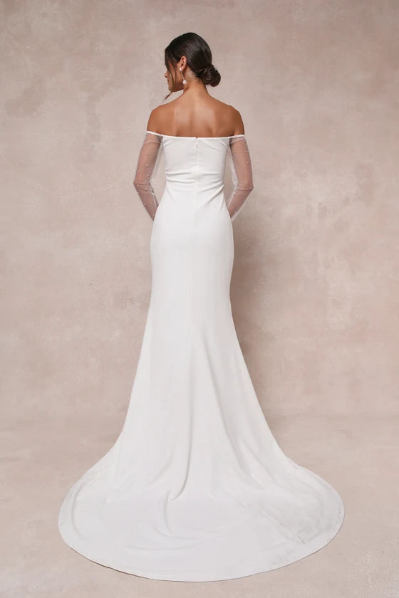 Ethereal Off-Shoulder Sheer Sleeve Mermaid Wedding Gown