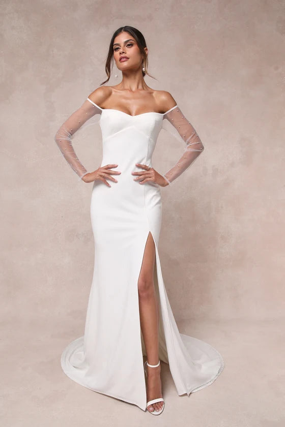 Ethereal Off-Shoulder Sheer Sleeve Mermaid Wedding Gown