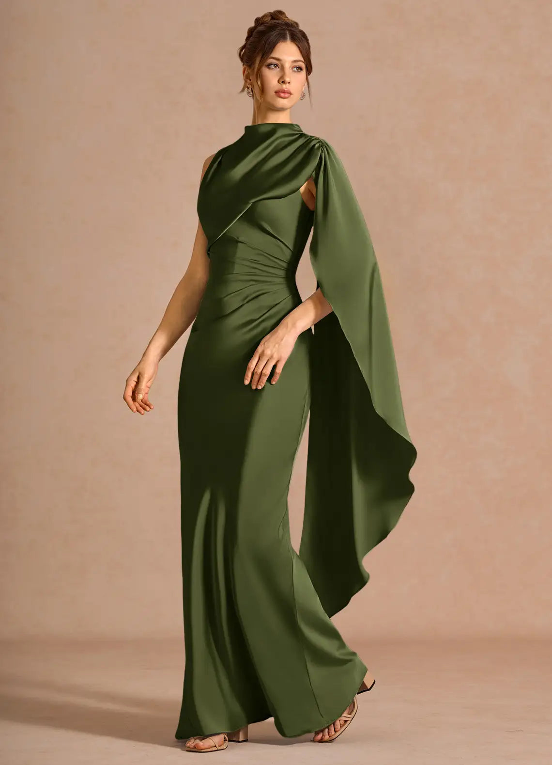 Olive High Neck Draped Sash Ruched Lace-Up Back Satin Mermaid Maxi Bridesmaid Dress