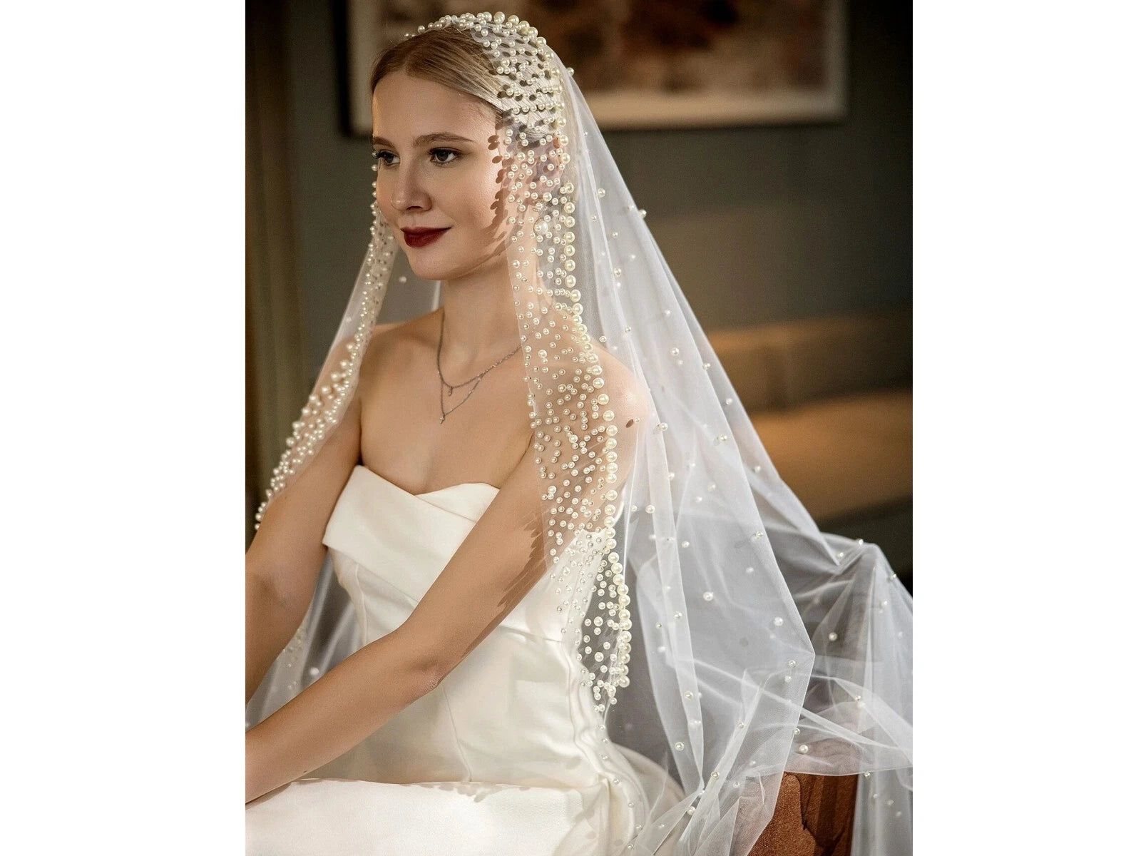 Wedding veil with pearls 1 tier ivory color 120'' length