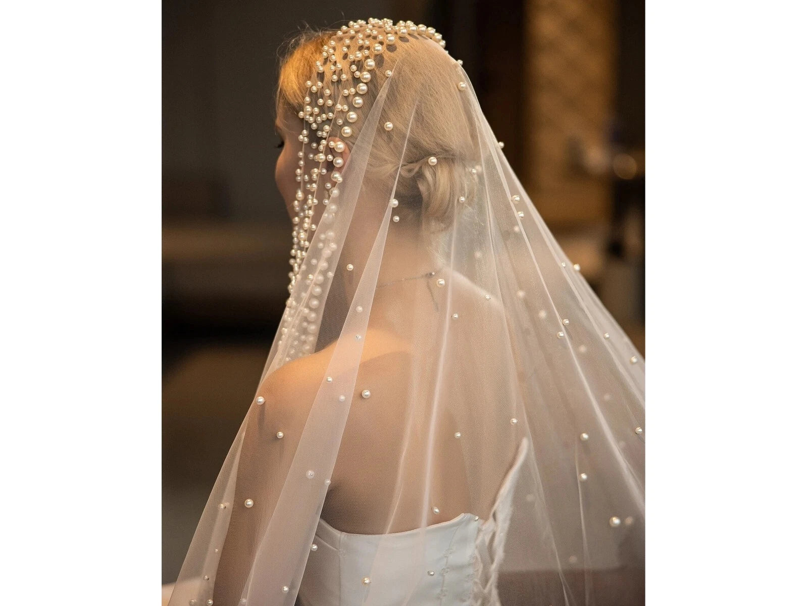 Wedding veil with pearls 1 tier ivory color 120'' length