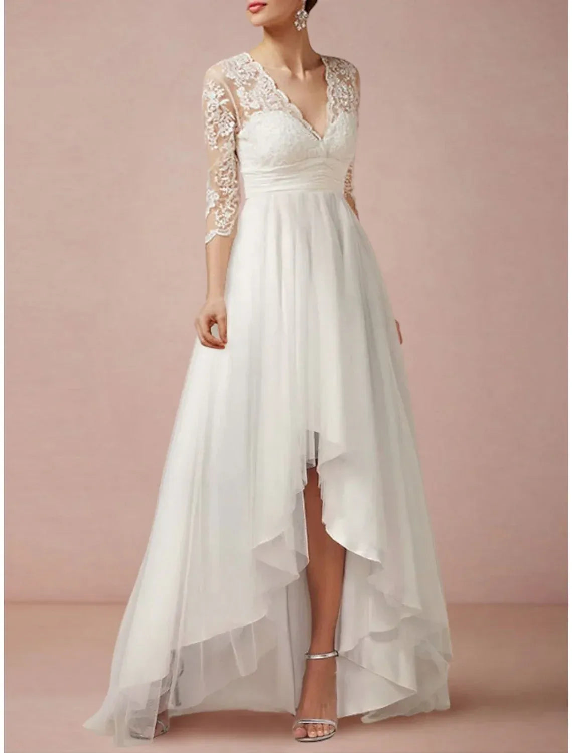 3/4 Floral Lace Sleeve Deep V High Low Chiffon Wedding Reception Dress With Tie Open Back