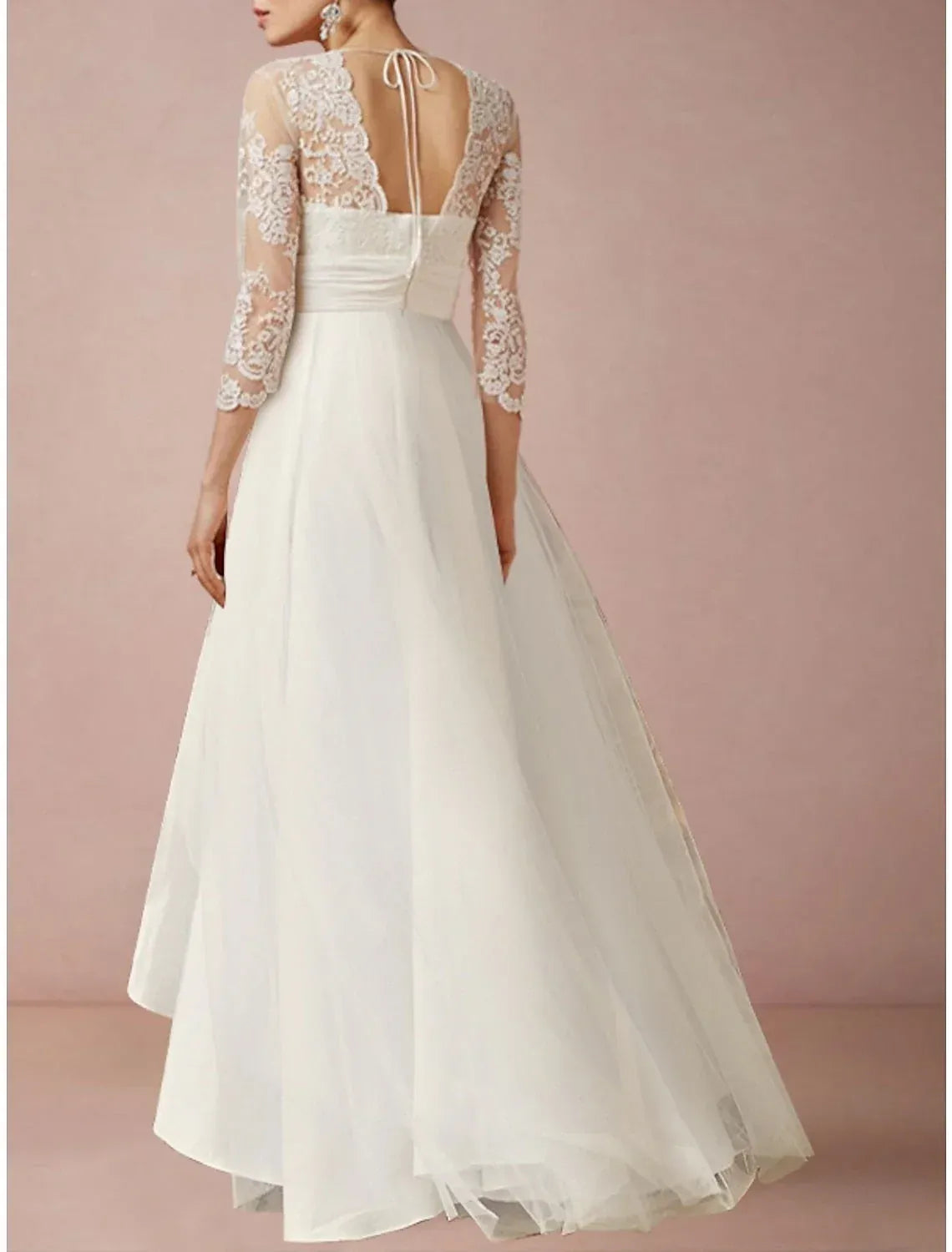 3/4 Floral Lace Sleeve Deep V High Low Chiffon Wedding Reception Dress With Tie Open Back